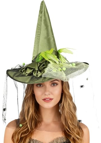 YJZQ Hexenhut, Oz, grün, Satin, faltbar, mit Schleier, für Hexe, Fee, Zauberer, Kostüm, Halloween, Weihnachten, Einheitsgröße