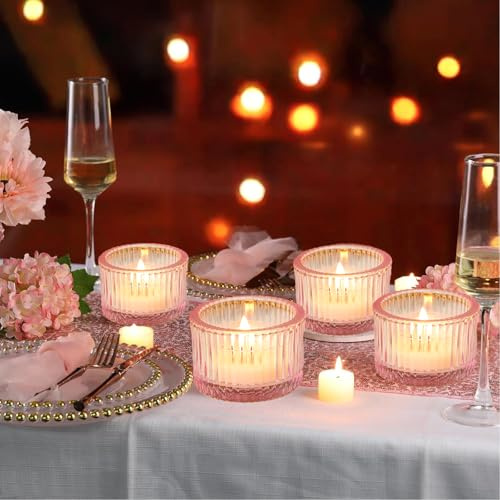 Glas Tee Lichthalter Votive Kerzenhalter für Hochzeit, Party, Tisch Mittelstück (4, Rosa)