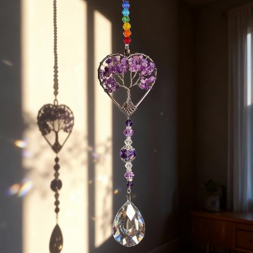 Amethyst Crystal Sun Catchers for Windows, Tree of Life Ornament, Spiritual Gifts for Women, Natural Chakra Healing Crystal Gifts for Women, Meditation Accessories for Home Decor & Energy Balance