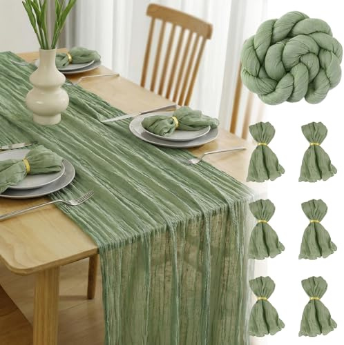FALSKT Musselin Tischläufer Salbeigrün 400cm×90cm Käsetuch Tischläufer Boho | Tischläufer Modern Läufer Tisch für Hochzeitsdeko Tischdeko Geburtstag Party Küche, 6PCS Servietten, 6PCS Serviettenringe