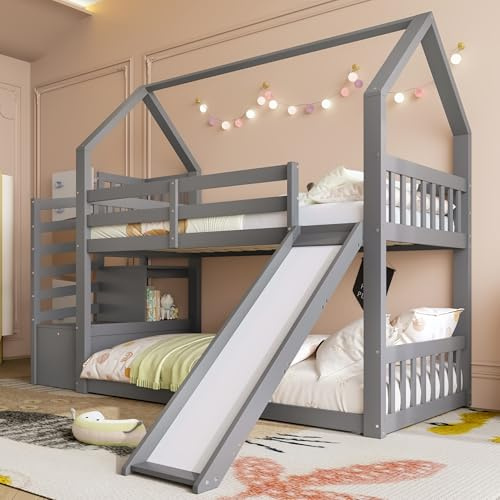 Generisch Etagenbett mit Stauraumtreppe & Rutsche – Kinderbett mit Sicherheitsgeländer, 90x200cm (Grau) – Raumsparendes Hausbett für Kinder & Jugendliche ohne Matratze