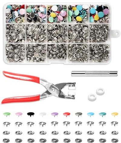 200er Druckknopf-Set mit Zange 9,5 mm Metall-Druckknöpfe für Jersey nähen ohne Nadel hohl & fest ideal für Kinderkleidung DIY Reparaturen(10 Farben)