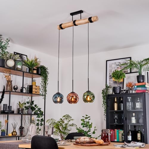 HOFSTEIN Hängeleuchte Ripoll, Hängelampe aus Metall/Holz/Glas in Schwarz/Natur/Blau/Grün/Kupfer, Pendelleuchte Retro/Vintage/Boho mit Glasschirmen und Holzbalken, E27, Esszimmer, Wohnzimmer, Küche