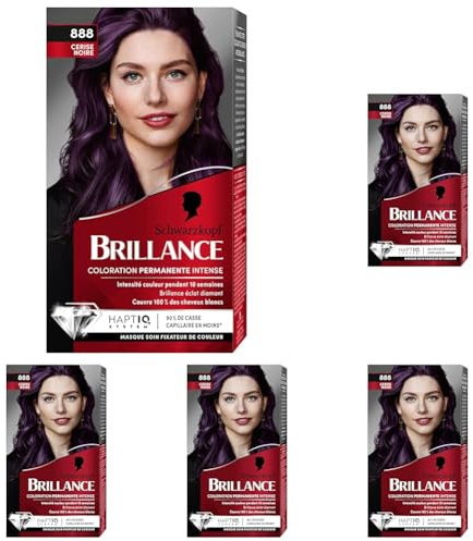 Schwarzkopf – Brillance – Permanente Haarfarbe, intensiv, Diamant-Glanz, deckt 100% des weißen Haares ab, Farbfixierungsmaske, Kirschschwarz 888 (Packung mit 5)