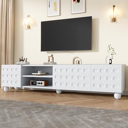BTM 200x40x44cm TV-Schrank, 3 türiger Wohnzimmerschrank, Schranktüren mit aufgedrucktem Design, EIN 200 cm Langer TV-Ständer, Fernsehschrank mit 5 Beinen, lowboard, geeignet für bis zu 80 Zoll. Weiß