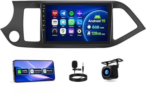 OiLiehu 6G+128G 8 Core Android 15 CarPlay Android Auto Autoradio para Kia Picanto TA 2011-2016, Pantalla de 9 con Bluetooth GPS Enlace Espejo FM RDS WiFi SWC DSP/EQ Cámara de Visión Trasera