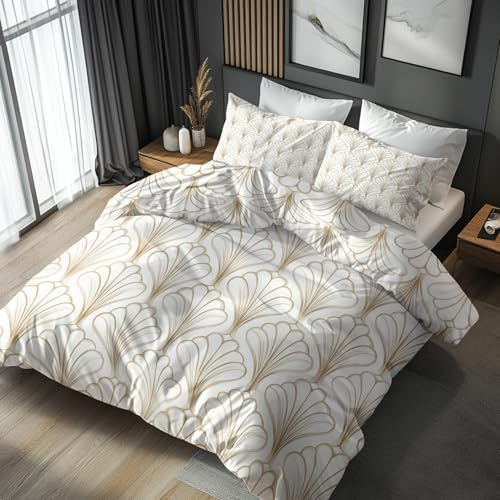 Art Deco Bettwäsche 220x240, Schlafzimmer Deko Wendebettwäsche 3tlg, Weiß Gold Geometrisch Bettbezug & 2 Kissenbezüge 80x80, Weiche Mikrofaser, mit Reißverschluss -y330