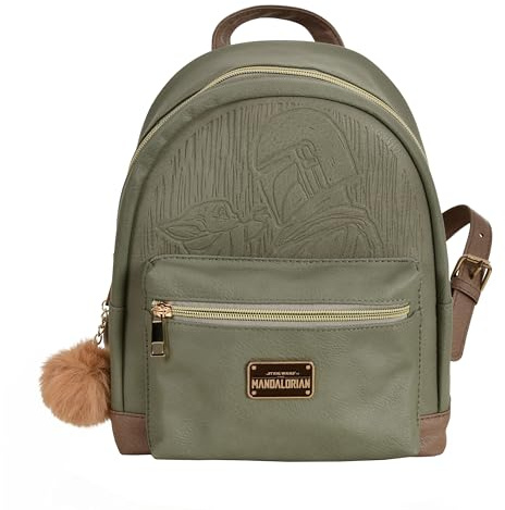 Elbenwald Star Wars The Mandalorian - Mini Rucksack Grogu mit Mando Reißverschluss und mit plüschigem Anhänger 24 x 29 x 14 cm verstellbar Grün und Braun