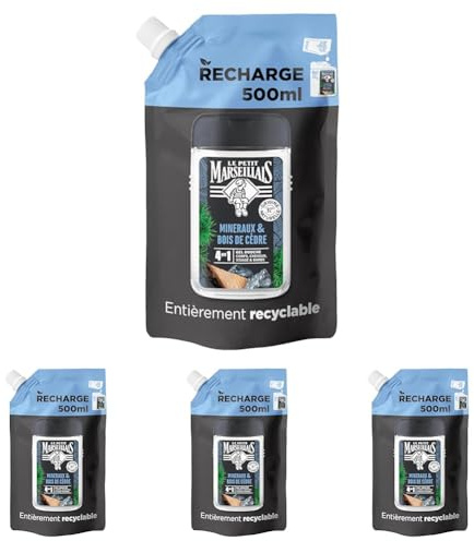 Le Petit Marseillais | Recharge Gel Douche Homme Minéraux & Bois de Cèdre (écopack de 500 ml) – Formule 4 en 1 corps, cheveux, visage & barbe – 92% d'ingrédients d'origine naturelle et pH neutre