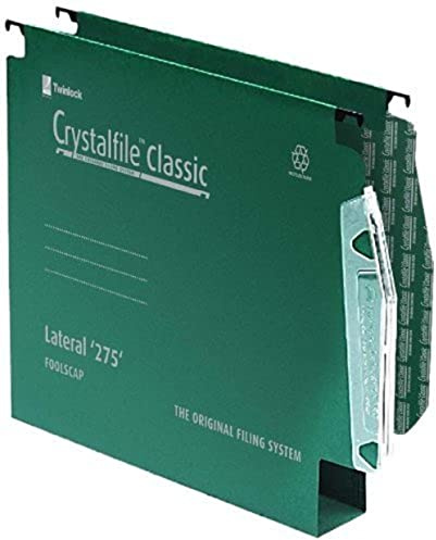 Rexel 275 Lateral Hanging Files with Tabs and Inserts, 30 mm base, 100 Percent Recycled Manilla, Green, Crystalfile Classic, Pack of 50, 78654