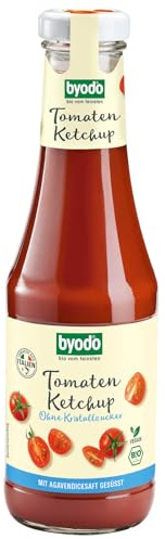 Byodo Bio Tomaten Ketchup ohne Kristallzucker I 3 x 500ml Flasche I Fruchtiger Tomatenketchup gesüßt mit Agavendicksaft I Veganer Bio-Ketchup mit 75% Tomatenmark I Milde Burger-, Grill- & Pommessauce