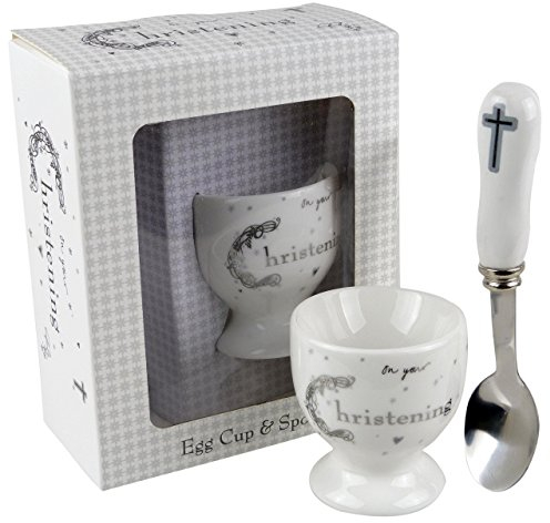 Babies Christening Egg Cup & Spoon Set Boy Girl Baby Holy White Religious
