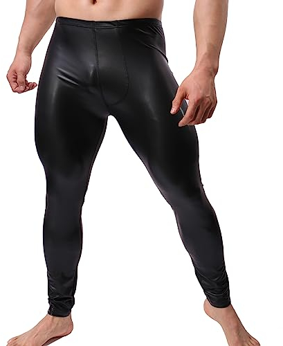 YFD Herren Leder Hosen Wetlook Tight Pants Männer Leggings Lange Hose, Schwarz , L
