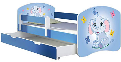 ACMA Kinderbett Jugendbett mit Einer Schublade und Matratze Blau mit Rausfallschutz Lattenrost II 140x70 160x80 180x80 (26 Elefant, 160x80 + Bettkasten)