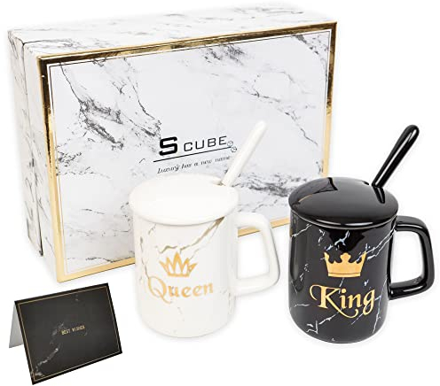 King & Queen Lot de tasses à café en marbre - Cadeau de mariage - Pour couple - 350 ml - Avec boîte cadeau de luxe et carte cadeau