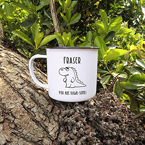 eBuyGB Personalised Metal Dinosaur Enamel Mug with Custom Name, You are Rawr-Some, White 380 ml Laser Engraved Tin Tea Cup, T-Rex Mug