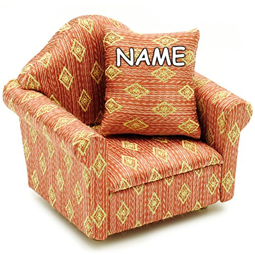 alles-meine.de GmbH 1 Stück Miniatur - Sessel mit Kissen - rot weinrot - Gemustert - inkl. Name - für Puppenstube Maßstab 1:12 - rotbraun/beige - gestreift - Sofasessel -..