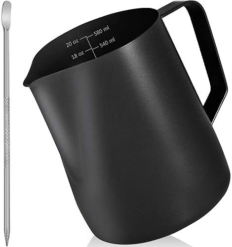 Milk Frothing Pitcher 20 OZ/600ML, Milk Steamer Cup with Non-Stick Coating, Stainless Steel Expresso Pitcher for Coffee Cappuccino Latte Art, Milk Jug with Coffee Art Pen, milk foam pitcher (Black)