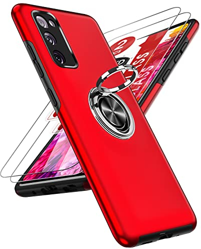 LeYi Hülle für Samsung Galaxy S20 FE Handyhülle mit 2 Stück Panzerglas Schutzfolie, Armor Stoßfest Militärgrad Schutzhülle 360 Grad Ring Halter Dünn Silikonhülle Flexibler TPU + Harte PC Case Rot