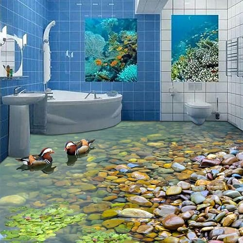 3D Selbstklebende Abnehmbaren Durchbrechen Die Mauer Vinyl Wandsticker Chinesische Art-Wandtapete-Pool-Stein-Mandarinen-Enten-Foto-Tapete Wasserdicht Für Badezimmer-Pvc-Abnutzung Selbstklebendes Mat