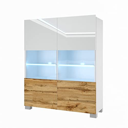 BELINI Kommode Sideboard Set 2 mit LED-Leuchten, Weiß/Wotan Eiche | Wohnzimmer Schlafzimmer Hochschrank, Super-Soft-Touch-System zum sanften Schließen aller Scharniere