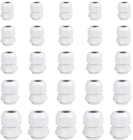 Ksvaye 25 Stück Kabelverschraubung Set IP68 Kabeldurchführung Wasserdicht PG7 PG9 PG11 PG13.5 PG16 Einstellbar Kabelverschraubungen mit Gegenmutter aus Nylon Kunststoff (Weiß)