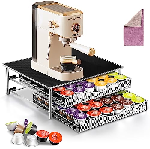 HEVOL Porte Capsule Dolce Gusto 72 PCs, Tiroir à Capsules Dolce Gusto avec Support de Machine à Café et 2 Tiroirs Coulissants, Rangement Capsules Dolce Gusto pour Cuisine,Bureau, Gris Argenté