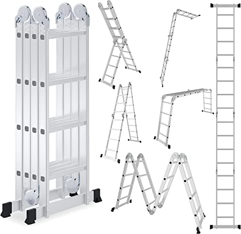 Tubiaz 7in1 Mehrzweckleiter 4x4, 470CM Alu Vielzweckleiter Klappleiter mit Plattform und Räder, Multifunktionsleiter 16 Sprossen, Stehleiter Haushaltsleiter Max Belastung 150 kg