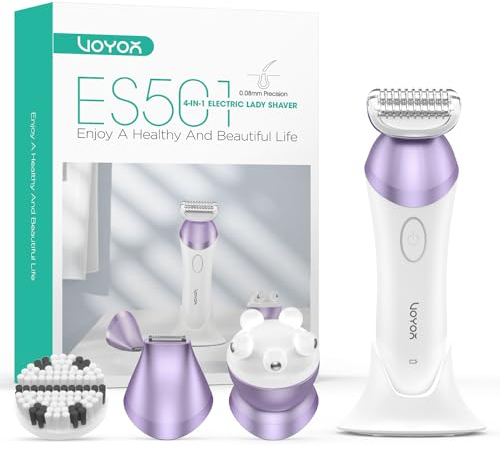 VOYOR 4 in 1 Rasoio Elettrico Donna Intimo Donna Secco e Bagnato 4 Accessori Inclusi Testa di Rasoio, Rifinitore per Zona Bikini,Il Viso Pulisce, Massaggia la Testa Set di Rasoi da Donna ES501 (Viola)