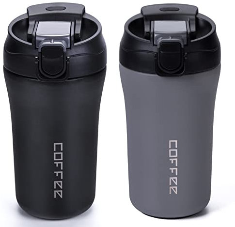 XPIY 14 oz Travel Coffee Mug, 2 Pack Vacuum Insulated Coffee Mug with Lid and Straw, Stainless Steel Reusable Coffee Tumbler for Hot and Cold Drinks for Men and Women(Black Grey)