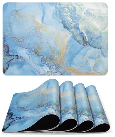 Fanquare Marble Placemats - 6 Pcs Morandi Style Washable Gradient Blue Gold Heat Resistant 43x30 cm