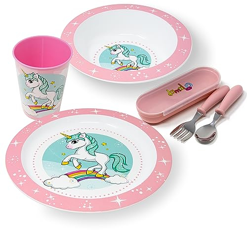 damaloo Set de Vajilla Infantil de Unicornio para Niñas - Plato, Vaso, Bol y Cubiertos Infantiles, Conjunto de Vajilla infantil para Desayuno, Almuerzo y Cena, Reutilizable y Libre de BPA