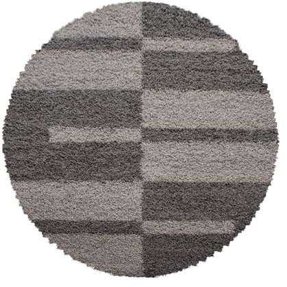 Carpettex Hochflor Teppich Wohnzimmer Shaggy Flokati Teppich Modern Kariert Design 160 cm Rund Taupe - Teppich Schlafzimmer Weich Flauschig Waschbar Teppich Küche Esszimmer - Langflor Teppiche