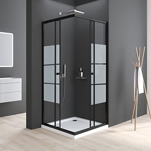Duschkabine Schiebetür 90x90cm Eckeinstieg Duschkabine Schwarz Milchglas Duschabtrennung 6mm ESG Glas Dusche Duschwand Höhe 185cm