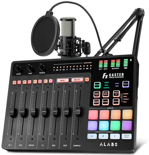 ALABS Fxcaster Podcast Equipment Bundle - All-in-One Podcasting Starter Setup mit 7-Kanal Soundboard, Audio-Interface und 25 mm Membran XLR-Mikrofon für Live-Streaming, Aufnahme und TikTok