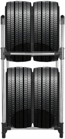ARIIKON Scaffale per Pneumatici in Metallo, Supporto per 4 Cerchioni e Gomme Auto, 2 Ripiani Portagomme Salvaspazio per Garage, Officina, Cantina, Magazzino, 57,2 x 37,3 x 114,6cm, Grigio e Argento