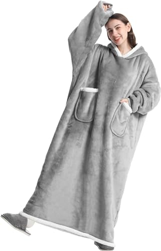 Boikey Decke mit Ärmeln,Extra Lange übergroße Decke Hoodie,Flanell Weiche Warme Decke mit Ärmel und Kapuzeund Tasche, Tragbare Hoodie Decke Geschenke als für Herren Damen