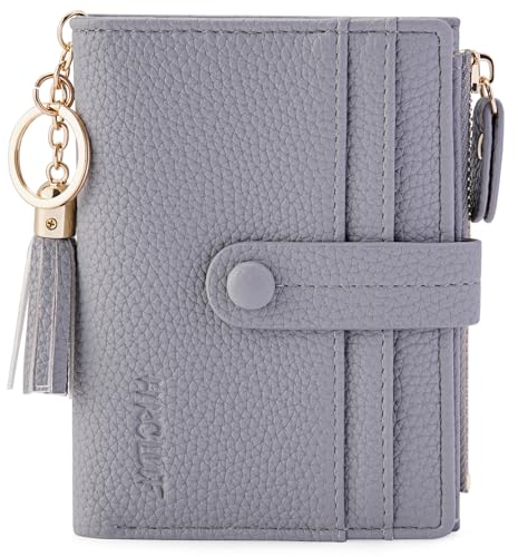 HKCLUF Geldbörse Damen Kleine, Geldbeutel Frauen Leder, RFID Portemonnaie Brieftasche Münzfach mit Quaste Damengeldbörsen Reißverschluss Viele Fächer Morandigrau