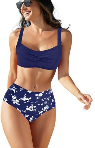 NLAND Traje de Baño Dos Piezas Cintura Alta Conjunto Bañador Cuello en V Mujer Bikini Estampado Floral Push Up (Azul,L)