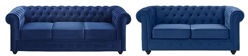 Vente-unique-Couchgarnitur 3+2 - Samt - Dunkelblau - Chesterfield