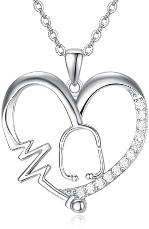 TANGPOET Stethoskop Caduceus Halskette für Damen Frauen 925 Silber Herz Anhänger Schmuck Wertschätzung Graduierung Stetoskop Geschenke für Krankenschwestern Ärzte Medizinstudenten