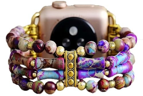 Boho Beaded Bracelets Watch Bands for Women Compatible with Apple Watch Band 45mm 44mm 42mm 49mm Natural Purple Jasper Elastic Stretch Bohemian Handmade Strap for iWatch Ultra SE Series 9 8 7 6 5 4 3
