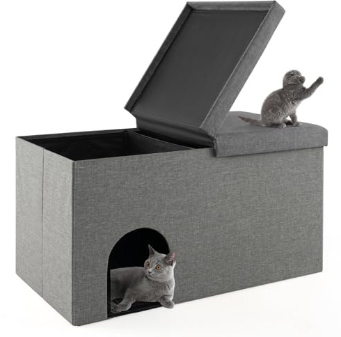 COSTWAY Maison de Toilette pour Chat 2 en 1, Banc pour Chaussures avec Toilettes Cachées pour Chats, Tapis à Litière pour Chats à 2 Couches, Filtre à Charbon Anti-Odeur et Couvercle Rabattable (Gris)