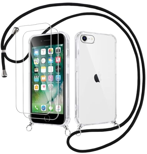 Votvloay Handykette Handyhülle für iPhone 8/7/SE 2020/SE 2022 4,7 Hülle mit Band - mit 2 x Schutzfolie, Transparent Case mit Kordel zum Umhängen, Weich Silikon TPU Stoßfest Schutzhülle Cover, Schwarz
