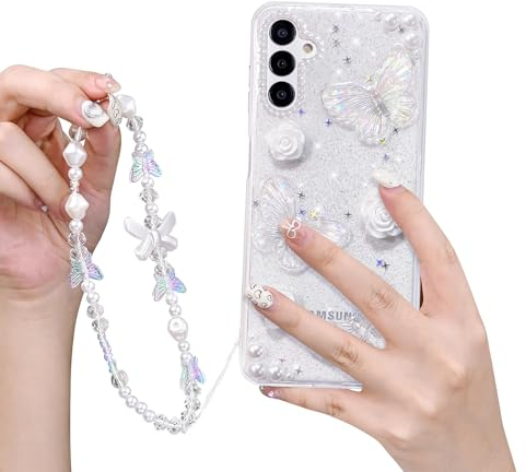 Fycyko Handyhülle Kompatibel Samsung Galaxy A54 5G Hülle Flash Schmetterling Blume Transparent Design Aesthetic Frauen Mädchen Glitzer Kristall mit Süßes Chain Weiche Case + Perlenkette