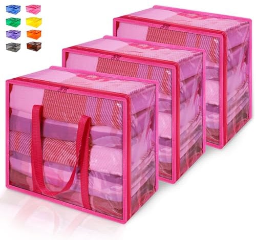 WADILE Pink Clear Clothes Storage Bag with Zipper, 3 Pack 40L Vinyl Storage Bag for Comforter, Blanket, Bedding, Duvet, Transparent Moving Totes