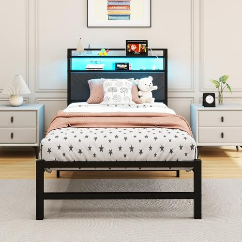 HOMERECOMMEND Single Bed Frames with Upholstered Storage Shelf and LED Lights,Upholstered Bed Frame,Mattress Foundation/Strong Steel Slat Support/Under Bed Storage/Easy Assembly