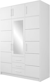 Mirjan24 Drehtürenschrank Bado 3D, Kleiderschrank mit Spiegel, 3 Schubladen und Spiegeltüren, Elegantes Schlafzimmer Schrank, Jugendzimmer (Weiß, mit Schrankaufsatz)