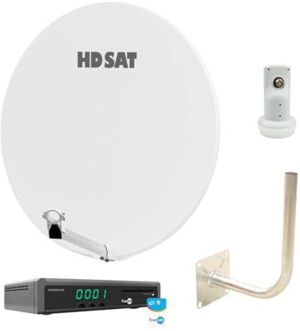 Pack HDSAT Parabole Satellite Fibre Blanche 85cm + LNB Single + Récepteur/Décodeur TV Satellite HD + Carte + Bras Coudé