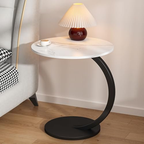 C Shaped Sofa Side Table, Round Side Table, Laptop Bed Table, End Table, Bedside Table, Vintage Coffee Table, End Tables for Office, Accent Table Office(Marble White black)